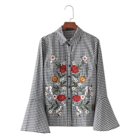 TURN-DOWN COLLAR BELL SLEEVE EMBROIDERY SHIRT FOR WOMEN (CHECKED)