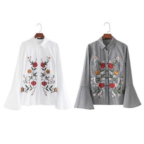 TURN-DOWN COLLAR BELL SLEEVE EMBROIDERY SHIRT FOR WOMEN (CHECKED)