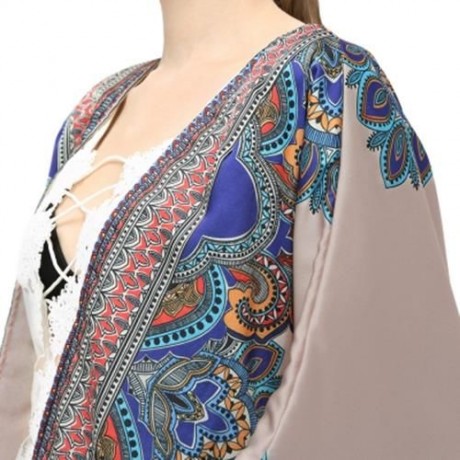 TRENDY COLLARLESS 3/4 SLEEVE PRINT WOMEN CHIFFON CARDIGAN (DARK NUDE)