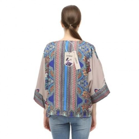TRENDY COLLARLESS 3/4 SLEEVE PRINT WOMEN CHIFFON CARDIGAN (DARK NUDE)