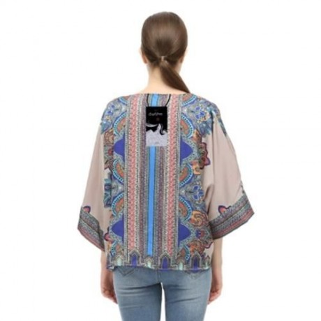 TRENDY COLLARLESS 3/4 SLEEVE PRINT WOMEN CHIFFON CARDIGAN (DARK NUDE)