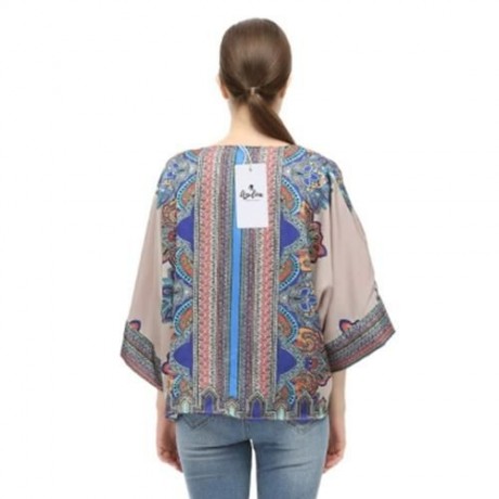 TRENDY COLLARLESS 3/4 SLEEVE PRINT WOMEN CHIFFON CARDIGAN (DARK NUDE)