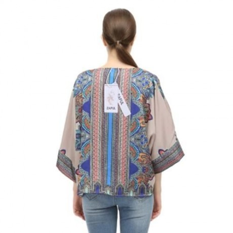 TRENDY COLLARLESS 3/4 SLEEVE PRINT WOMEN CHIFFON CARDIGAN (DARK NUDE)