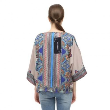 TRENDY COLLARLESS 3/4 SLEEVE PRINT WOMEN CHIFFON CARDIGAN (DARK NUDE)