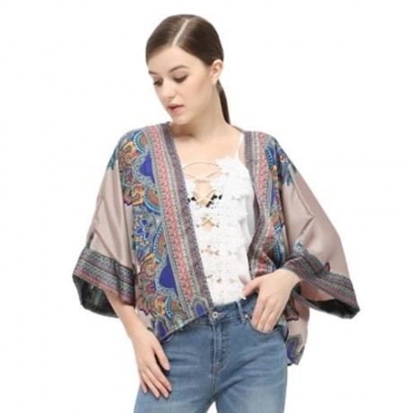TRENDY COLLARLESS 3/4 SLEEVE PRINT WOMEN CHIFFON CARDIGAN (DARK NUDE)