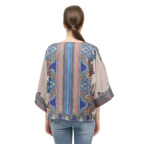 TRENDY COLLARLESS 3/4 SLEEVE PRINT WOMEN CHIFFON CARDIGAN (DARK NUDE)