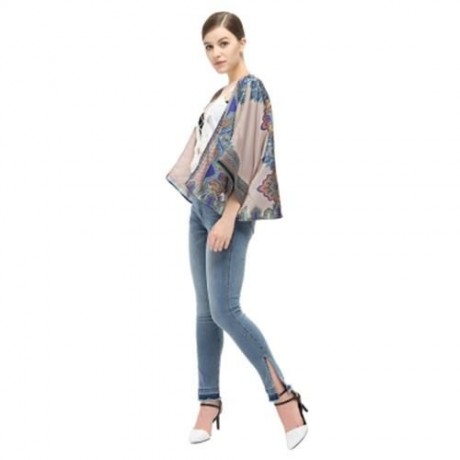 TRENDY COLLARLESS 3/4 SLEEVE PRINT WOMEN CHIFFON CARDIGAN (DARK NUDE)