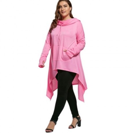 PLUS SIZE FUNNEL COLLAR MAXI ASYMMETRIC HOODIE (PINK)