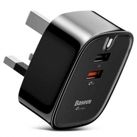 BASEUS FUNZI QC 3.0 DUAL USB SMART TRAVEL CHARGER UK PLUG (BLACK)