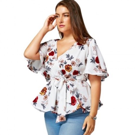 FLORAL PLUS SIZE BELTED SURPLICE PEPLUM BLOUSE (WHITE)