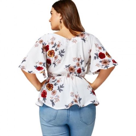 FLORAL PLUS SIZE BELTED SURPLICE PEPLUM BLOUSE (WHITE)