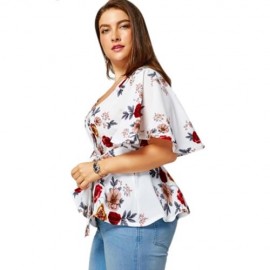 FLORAL PLUS SIZE BELTED SURPLICE PEPLUM BLOUSE (WHITE)