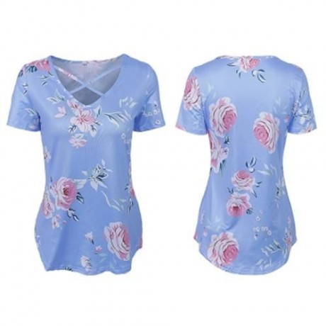 V NECK SHORT SLEEVE FLORAL PRINT CRISS CROSS WOMEN BLOUSE (BLUE)