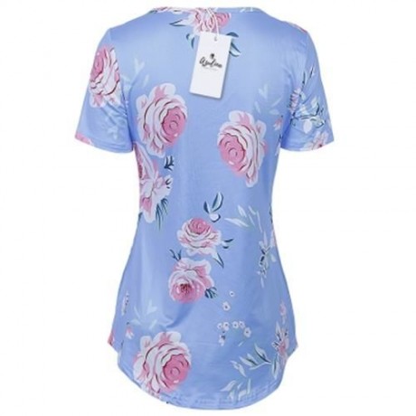 V NECK SHORT SLEEVE FLORAL PRINT CRISS CROSS WOMEN BLOUSE (BLUE)