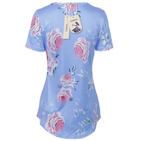 V NECK SHORT SLEEVE FLORAL PRINT CRISS CROSS WOMEN BLOUSE (BLUE)