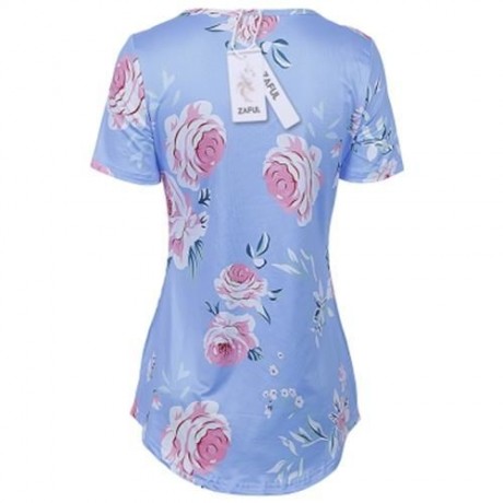 V NECK SHORT SLEEVE FLORAL PRINT CRISS CROSS WOMEN BLOUSE (BLUE)