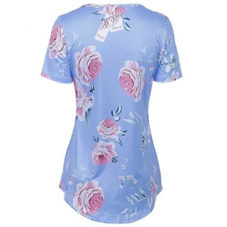 V NECK SHORT SLEEVE FLORAL PRINT CRISS CROSS WOMEN BLOUSE (BLUE)