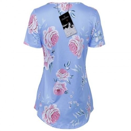 V NECK SHORT SLEEVE FLORAL PRINT CRISS CROSS WOMEN BLOUSE (BLUE)