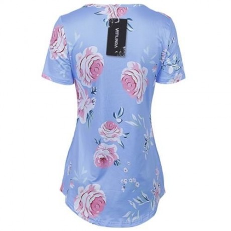 V NECK SHORT SLEEVE FLORAL PRINT CRISS CROSS WOMEN BLOUSE (BLUE)