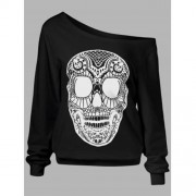 SKULL PRINT SKEW COLLAR PLUS SIZE SWEATSHIRT (BLACK)