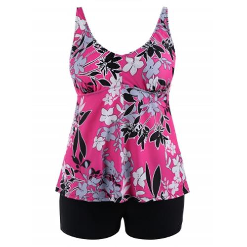 FLORAL PADDED HIGH WAISTED PLUS SIZE BATHING SUIT (ROSE RED)