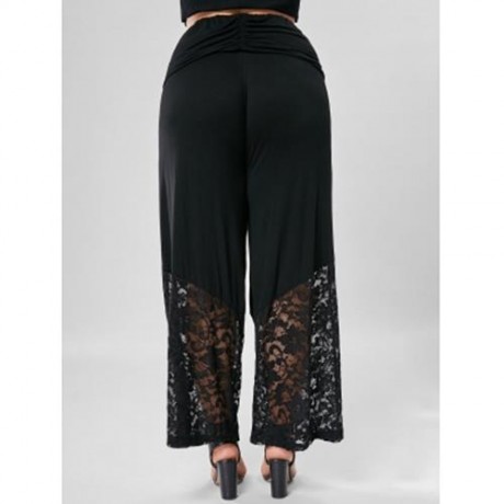 LACE TRIM WIDE LEG PLUS SIZE PANTS (BLACK)