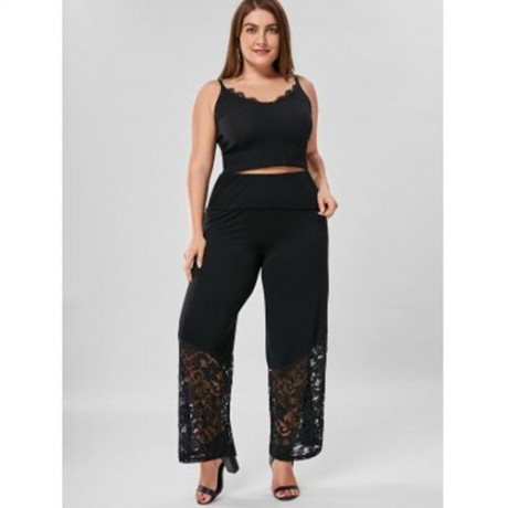 LACE TRIM WIDE LEG PLUS SIZE PANTS (BLACK)