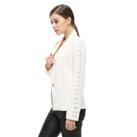 FASHIONABLE LAPEL LONG SLEEVE LACE-UP BUTTON WOMEN SUIT (WHITE)