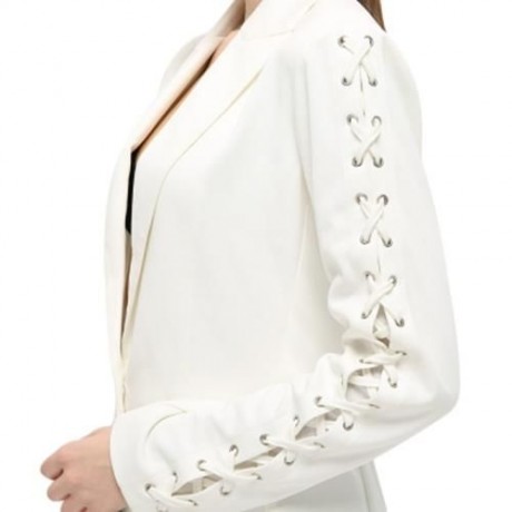 FASHIONABLE LAPEL LONG SLEEVE LACE-UP BUTTON WOMEN SUIT (WHITE)