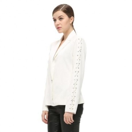 FASHIONABLE LAPEL LONG SLEEVE LACE-UP BUTTON WOMEN SUIT (WHITE)