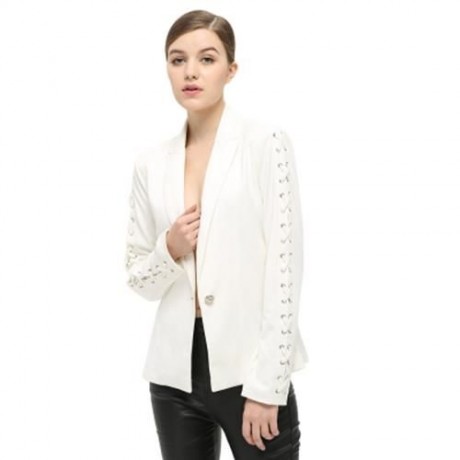 FASHIONABLE LAPEL LONG SLEEVE LACE-UP BUTTON WOMEN SUIT (WHITE)
