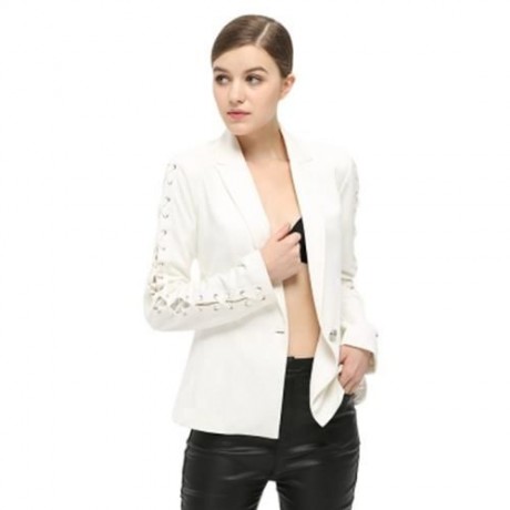 FASHIONABLE LAPEL LONG SLEEVE LACE-UP BUTTON WOMEN SUIT (WHITE)