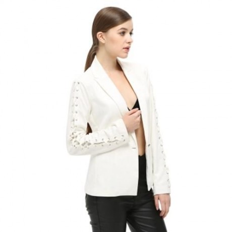 FASHIONABLE LAPEL LONG SLEEVE LACE-UP BUTTON WOMEN SUIT (WHITE)
