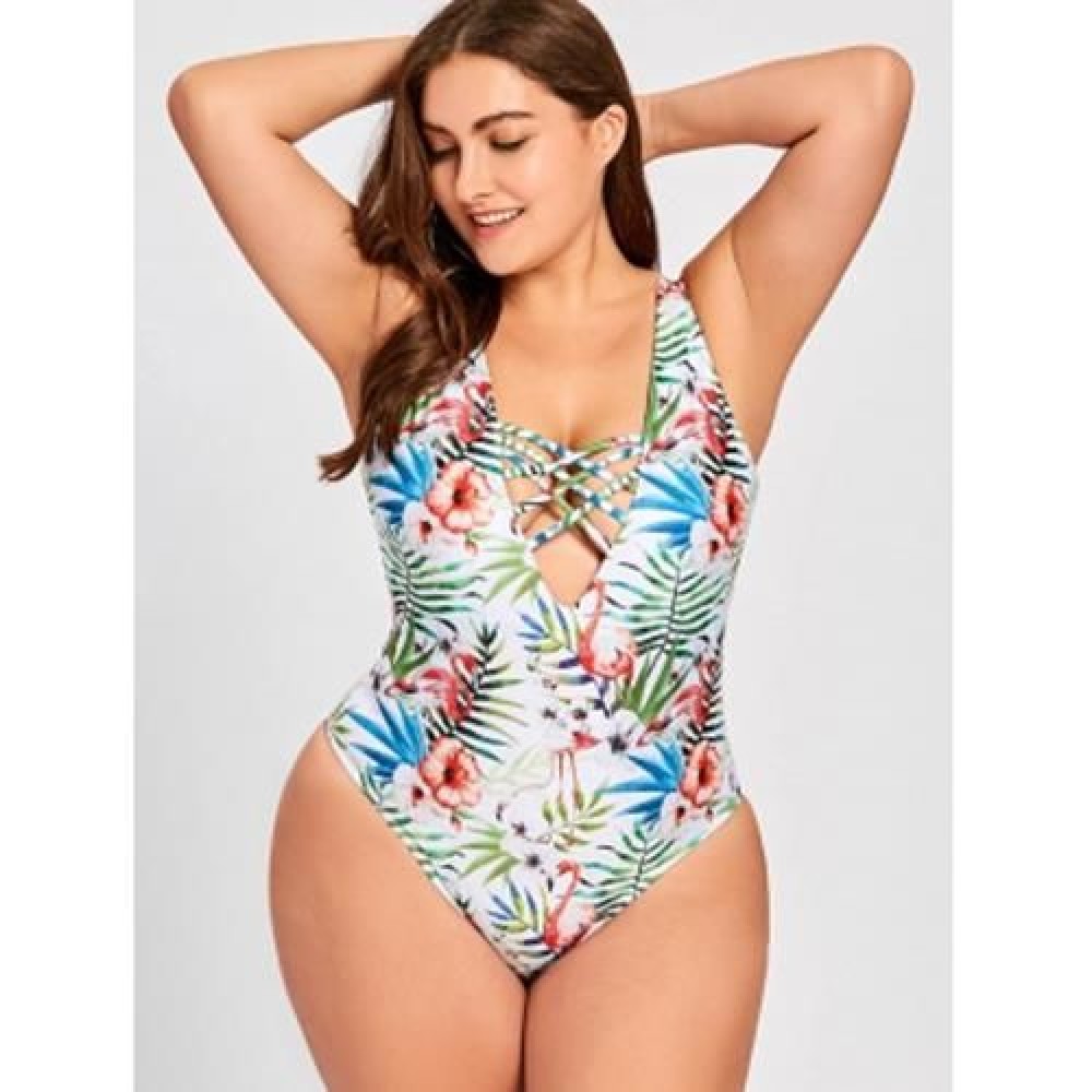 PLUS SIZE LACE UP FLORAL SWIMSUIT (COLORMIX)
