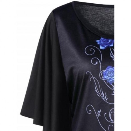 PLUS SIZE TINY FLORAL DRAPE SLEEVE T-SHIRT (BLUE)