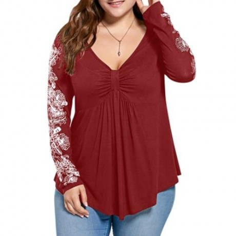 PLUS SIZE FLORAL PATTERN LONG SLEEVE DRAPED T-SHIRT (RED)