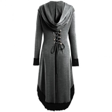 LACE-UP PLUS SIZE HOODED HIGH LOW COAT (LIGHT GRAY)