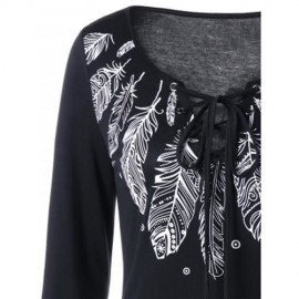 LONG SLEEVE FEATHER PRINT LACE UP T-SHIRT (BLACK)