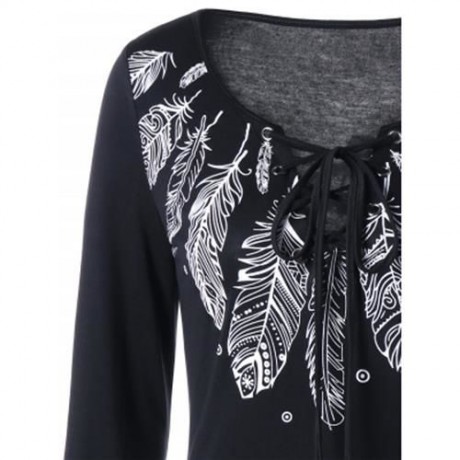 LONG SLEEVE FEATHER PRINT LACE UP T-SHIRT (BLACK)