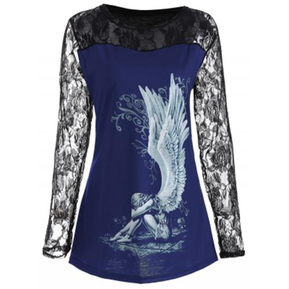 PLUS SIZE LACE PANEL ANGEL PRINT TOP (BLUE)