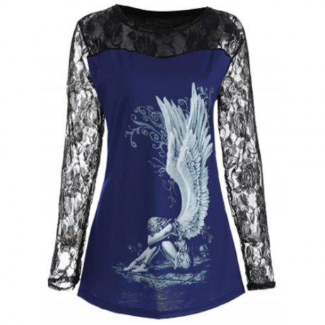PLUS SIZE LACE PANEL ANGEL PRINT TOP (BLUE)