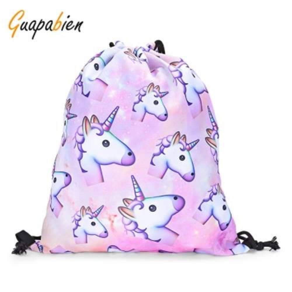 GUAPABIEN GIRLS 3D UNICORN PRINT BACKPACK DRAWSTRING BAG (LIGHT PINK)