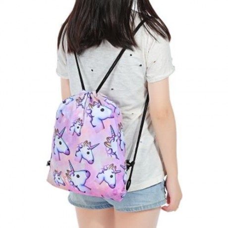 GUAPABIEN GIRLS 3D UNICORN PRINT BACKPACK DRAWSTRING BAG (LIGHT PINK)