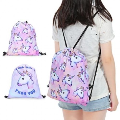 GUAPABIEN GIRLS 3D UNICORN PRINT BACKPACK DRAWSTRING BAG (LIGHT PINK)