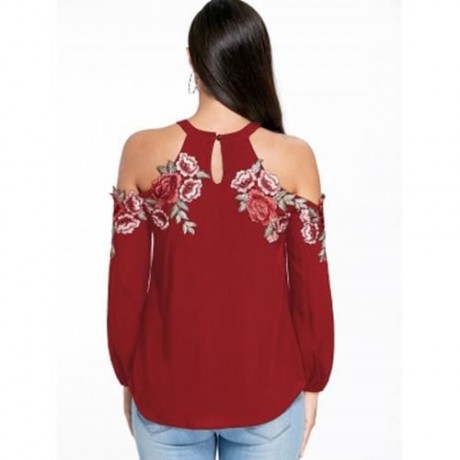 EMBROIDERY APPLIQUE COLD SHOULDER TOP (RED)