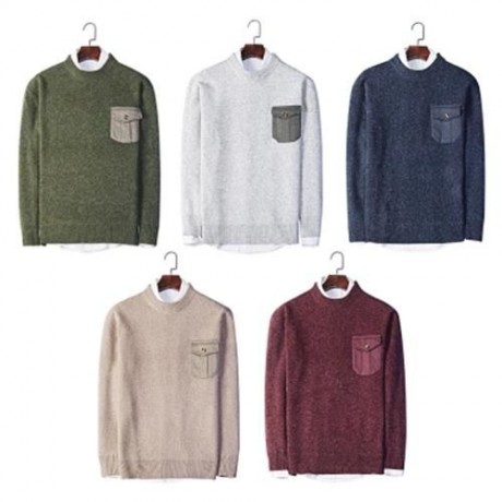 TRENDY ROUND COLLAR LONG SLEEVE POCKET KNITTED MEN SWEATER (LIGHT BEIGE)