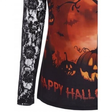 PUMPKIN HAPPY HALLOWEEN LACE SLEEVE TOP (ORANGE)