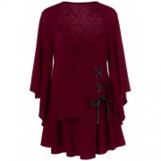 LACE UP PLUS SIZE PEPLUM BLOUSE (DEEP RED)