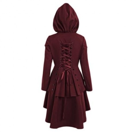 PLUS SIZE LACE UP HIGH LOW HOODED COAT (WINE RED)