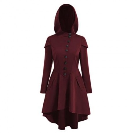 PLUS SIZE LACE UP HIGH LOW HOODED COAT (WINE RED)